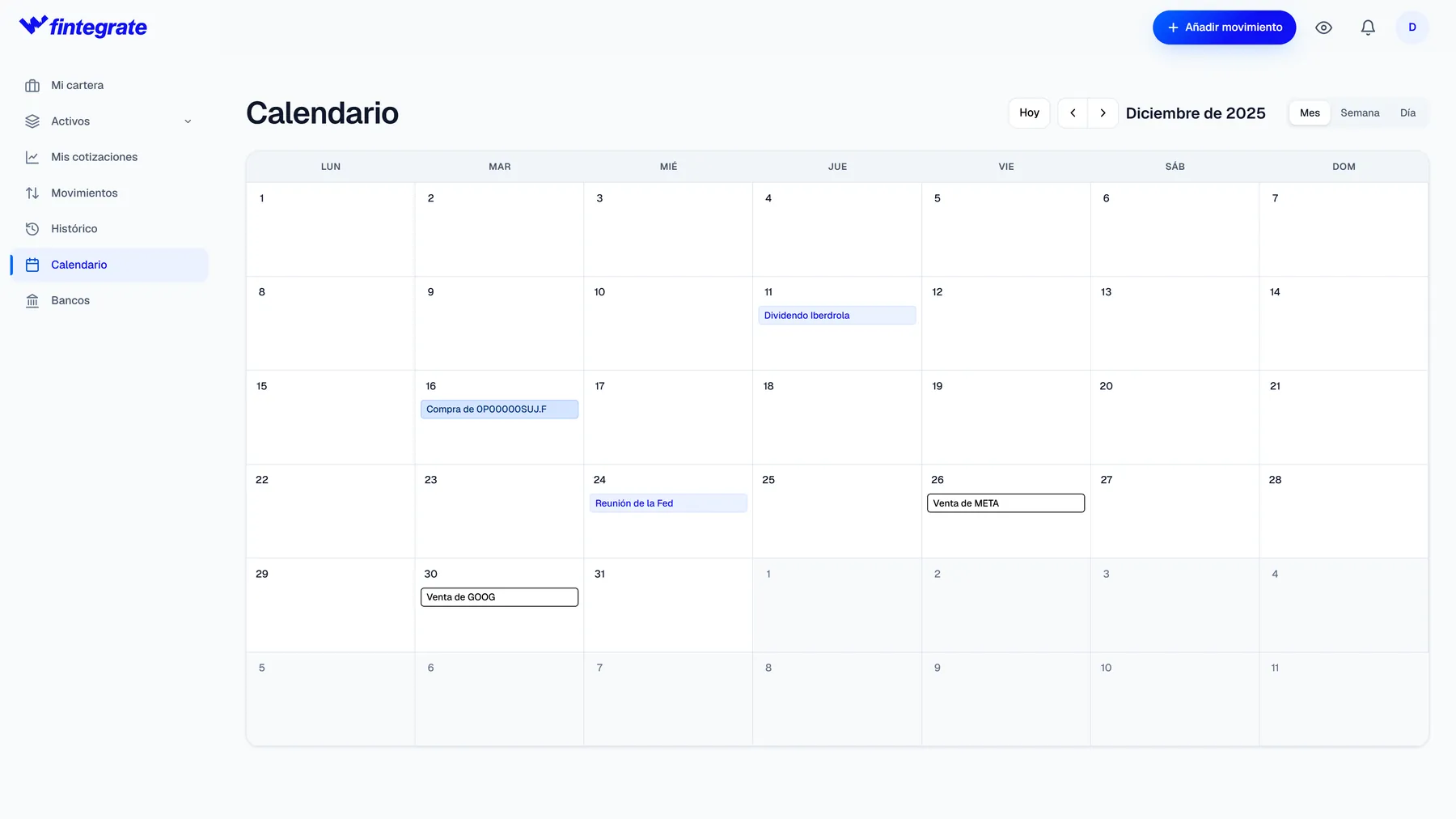 Calendario de Fintegrate con los movimientos y dividendos de cada mes