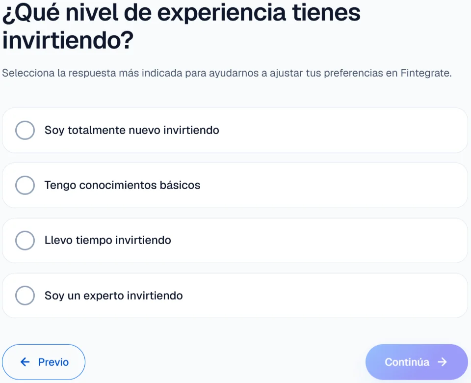 Cuestionario de alta de Fintegrate preguntando por el nivel de experiencia invirtiendo