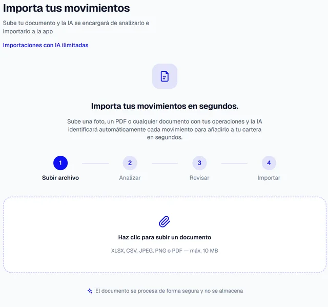 Pantalla de importar movimientos: se sube un documento y la IA lo analiza en cuatro pasos